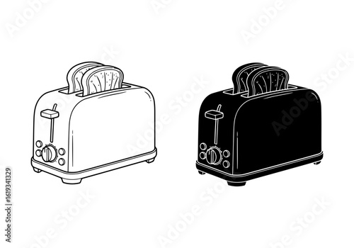 Vector art of toaster in black and white outline and solid fill isolated on white background