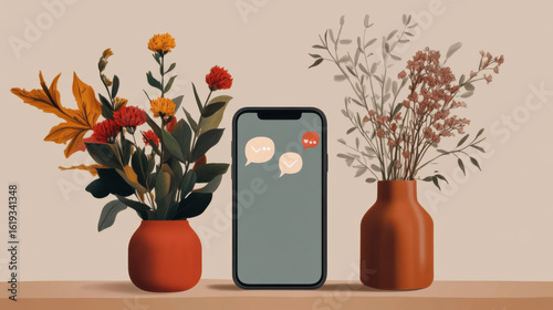 Smartphone with messaging icons is placed between two vases of vibrant flowers, creating modern and artistic composition. scene blends technology with nature, evoking sense of connection