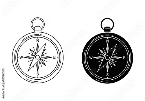 Vector art of two compasses, one black and one white, isolated on white background
