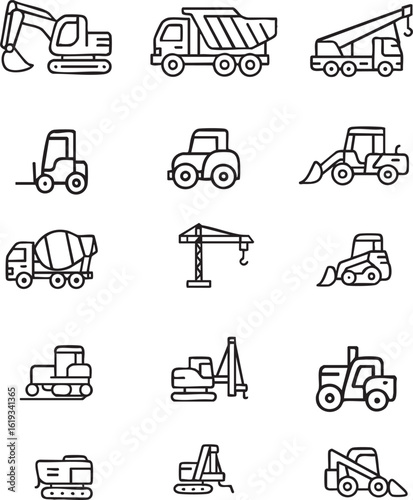 Heavy Construction Equipment Vector Icon Set – 20 Line Style Icons of Bulldozer, Excavator, Dump Truck, Cement Mixer, and More in 5x4 Grid Layout