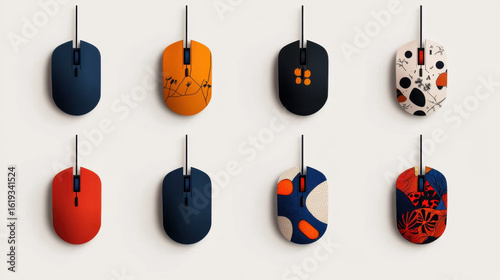 Collection of colorful computer mice with unique geometric and abstract designs arranged two rows neutral background. Each mouse features distinct pattern, showcasing creativity and modern style