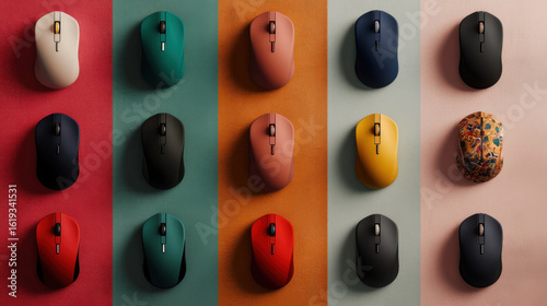Collection of wireless computer mice in various colors and patterns is displayed on multicolored background, showcasing range of styles and designs. arrangement is visually appealing and organized