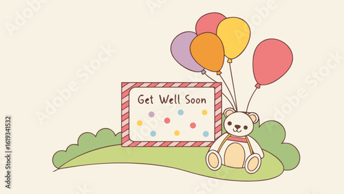 A heartwarming get well soon illustration featuring a teddy bear, colorful balloons, and a greeting card, perfect for sending positive vibes and cheerful wishes to someone recovering from illness
