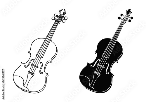Vector art of violin illustration in black and white, isolated on white background