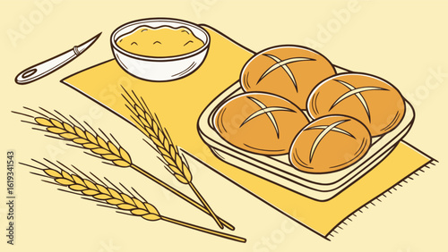 Illustration of fresh baked bread rolls on a checkered cloth with wheat stalks, representing a rustic and healthy food concept, perfect for breakfast, lunch, or dinner, showcasing culinary tradition
