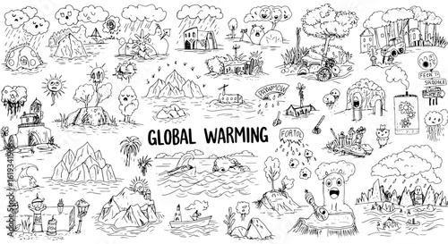 Hand-drawn collection of black and white doodles illustrating the devastating effects of global warming and climate change, featuring melting ice, deforestation, pollution, and environmental crisis.
