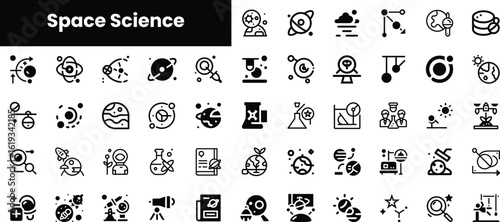 A collection of black and white icons representing various concepts in space science, showcasing planets, telescopes, and astronomical phenomena in a minimalist design.