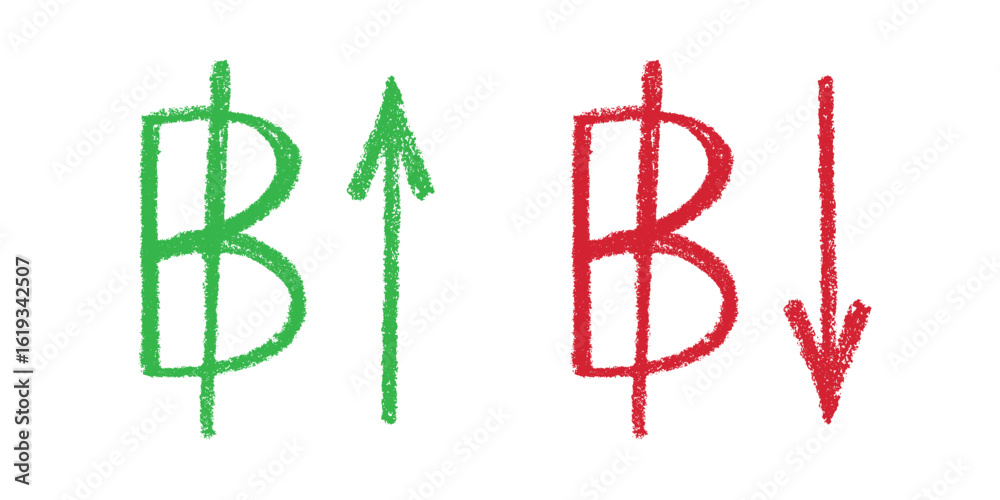 Hand drawn thai baht currency symbol Growth and fall profit with arrow up and down Brush stroke doodle Element for design Hand drawn thai baht currency symbol Growth and fall profit with arrow up and down Brush stroke doodle Element for design