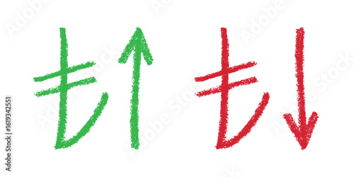 Hand drawn turkish lira currency symbol Growth and fall profit with arrow up and down Brush stroke doodle Element for design