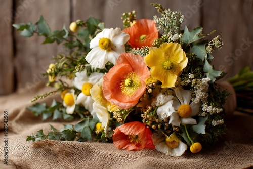 A wild yet elegant composition of wild poppies, soft yellow daisies, and vibrant green ivy, combined with sprigs of rosemary and fresh eucalyptus.