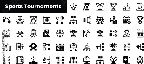 A diverse collection of black and white icons representing various aspects of sports tournaments, including trophies, medals, and participant engagement.