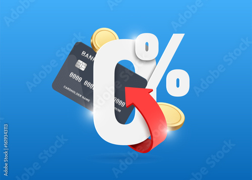 Black credit card inserted next to 0% number with arrow pointing to zero percent and gold coins floating around for free fee and interest rate promotion design. 3d vector for financial concept.
