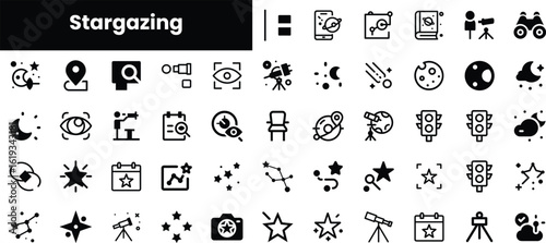 A collection of minimalist star gazing icons featuring celestial objects, telescopes, star formations, and astrological symbols in monochrome design.
