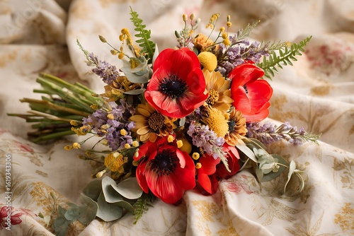 A wildflower-inspired bouquet of vibrant red poppies, golden sunflowers, and soft lavender, mixed with sprigs of eucalyptus and green ferns.
