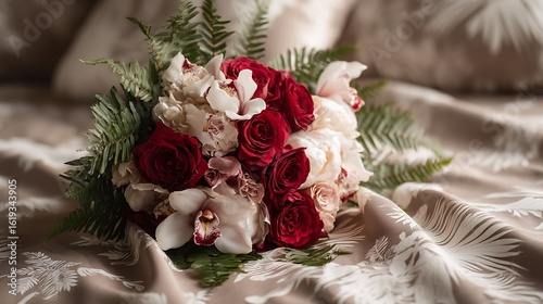 An elegant arrangement of deep red roses, ivory orchids, and pale pink peonies, surrounded by fresh eucalyptus and ferns.