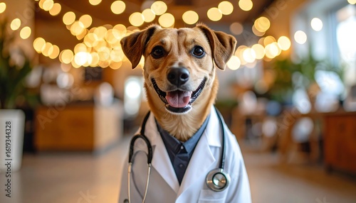 Happy dog in doctor's coat, cafe background