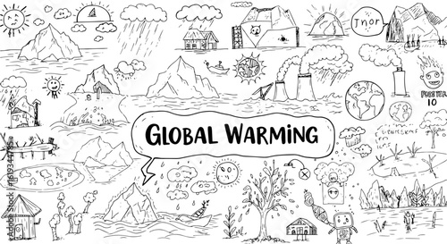 Detailed Hand-drawn Doodle Art Illustrating Global Warming's Environmental Impact: Melting Ice, Pollution, Extreme Weather, and Climate Change Effects on Earth.