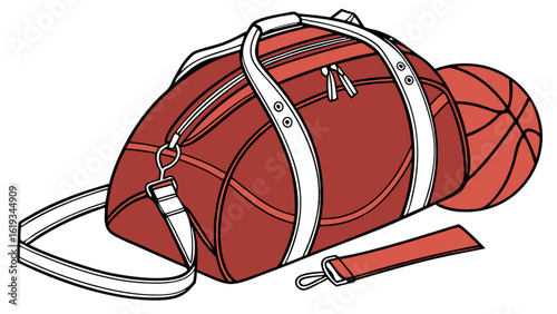 Illustration of a red duffel bag with a basketball next to it, representing sports equipment and travel gear, isolated on white background