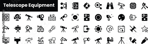 A diverse array of telescope equipment icons, featuring various styles of telescopes and astronomical tools in a minimalist black design.