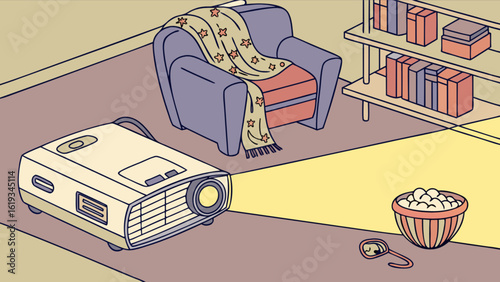 A cozy home theater setup with a projector, armchair, bookshelf, and popcorn, creating a relaxing and enjoyable movie night experience in the comfort of your own room