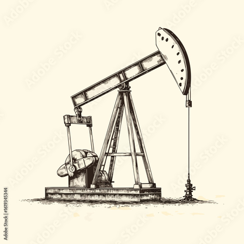 Rough monochromatic vector sketch of an oil pumpjack, emphasizing energy production and industry themes