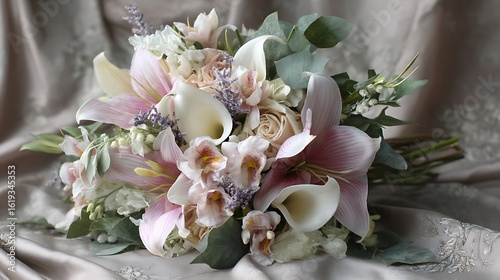 An elegant blend of ivory lilies, soft pink orchids, and lavender sprigs, accented by fresh eucalyptus and ivy.
