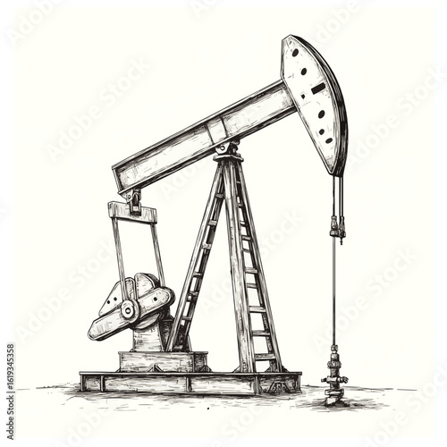 Rough monochromatic vector sketch of an oil pumpjack, emphasizing energy production and industry themes