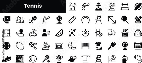 A collection of black and white tennis icons showcasing various aspects of the sport, including equipment, actions, and game elements.