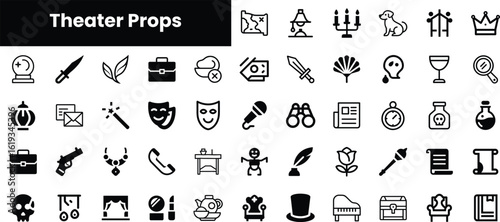A diverse collection of theater props icons, including masks, microphones, and various theatrical symbols, suitable for creative projects and performances.
