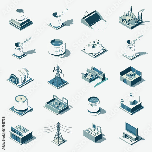A set of modern industry-themed vector icons, covering manufacturing, logistics, machinery, production, energy, and factory technology