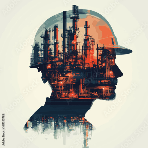 Double exposure image of a man in a helmet with an industrial refinery background, merging human and industry elements. Ideal for industrial and engineering concepts