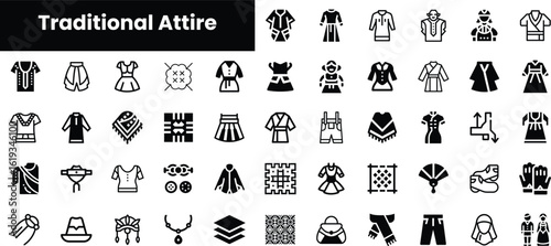 A diverse collection of traditional attire icons representing various cultures, showcasing unique styles and patterns in a minimalist black and white design.