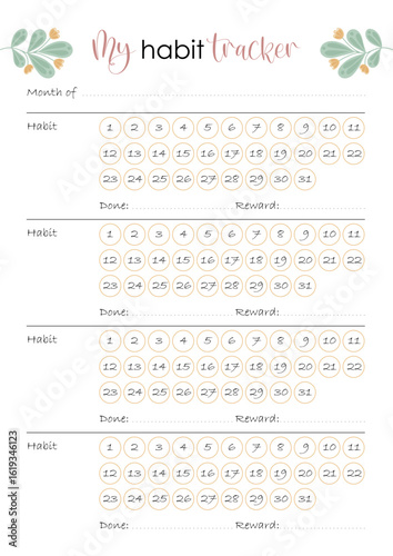 Monthly Habit Tracker Page. Soft Pastel Design for Journaling and Planning. Clean Layout to Track Goals and Build New Habits.