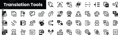 A collection of black and white icons representing various translation tools, highlighting features like communication, analysis, and document management.