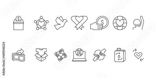 Charity and social welfare icon set collection for giving, nonprofit organizations, volunteering, donation, community support, humanitarian aid, and global relief