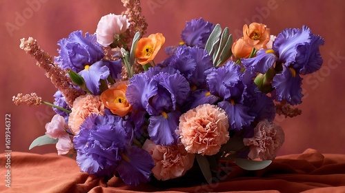 An intricate cluster of royal purple irises, bright orange poppies, and soft pink carnations, beautifully arranged with sprigs of silver sage,