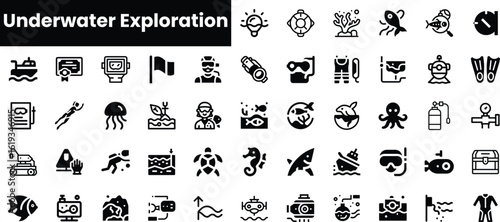 Dive into adventure with a collection of underwater exploration icons, featuring diverse marine life, diving gear, and exploration equipment in a sleek monochrome design.