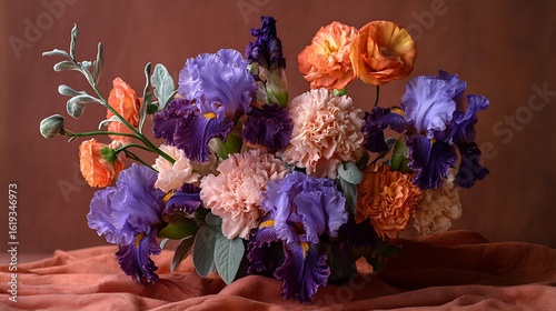An intricate cluster of royal purple irises, bright orange poppies, and soft pink carnations, beautifully arranged with sprigs of silver sage,