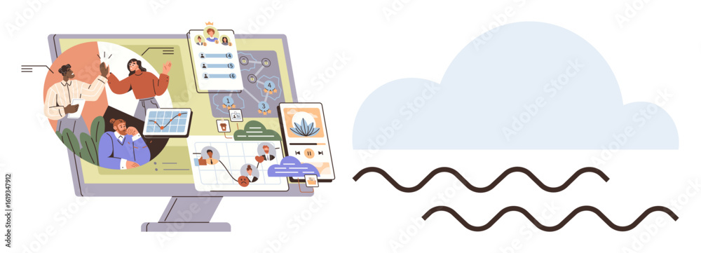 Fototapeta premium Computer screen displaying team communication, workflow charts, and notes, combined with cloud and data lines. Ideal for teamwork, remote work, project management, cloud storage, workplace