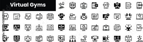 Collection of virtual gym icons showcasing diverse fitness activities, technology use, and health monitoring. Perfect for fitness, wellness, and online training themes.