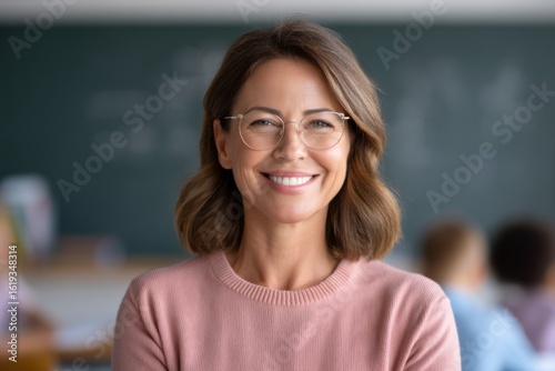 A smiling woman with glasses and shoulder-length hair wears a pink sweater, standing confidently in a blurred classroom setting. Free Download A smiling woman with glasses and shoulder-length hair wears a pink sweater, standing confidently in a blurred classroom setting. - GFXLoad