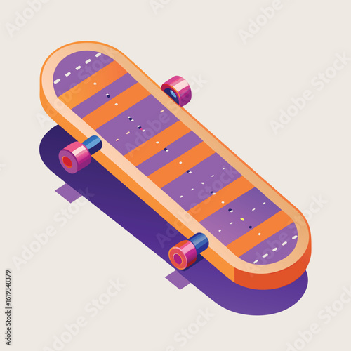 Isometric illustration of a colorful skateboard with orange and purple design details