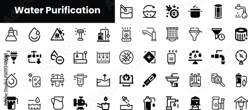 A collection of minimalist icons representing various methods and tools for water purification, including filtration systems, chemical treatments, and purification devices.