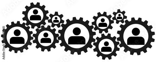 People in gear cog teamwork vector symbolizes collaboration and synchronized effort. Perfect for illustrating business synergy, organizational efficiency, and collective problem-solving.