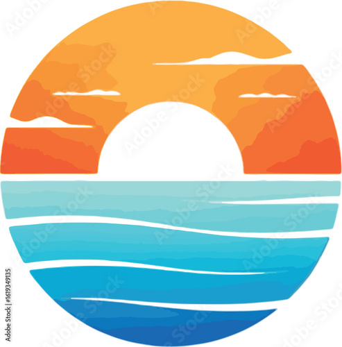 Orange sunset over blue ocean waves water  style vector illustration EPS file download