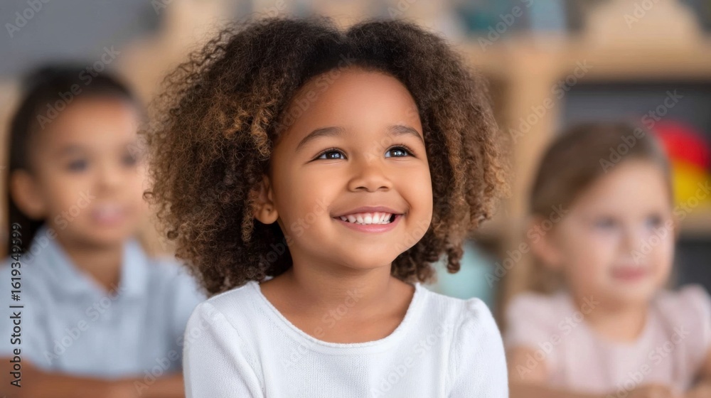 A joyful young girl with curly hair smiles brightly while sitting in a classroom, with two blurred children in the background. A joyful young girl with curly hair smiles brightly while sitting in a classroom, with two blurred children in the background.