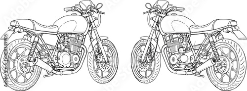 Detailed black and white line art illustration of a vintage cafe racer motorcycle