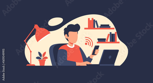 Person working from home office, using laptop and smartphone.  Perfect for websites and blogs about remote work, technology, or productivity.