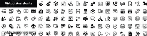 A collection of virtual assistant icons in black and white, showcasing various elements like communication, scheduling, and task management, ideal for digital design projects.