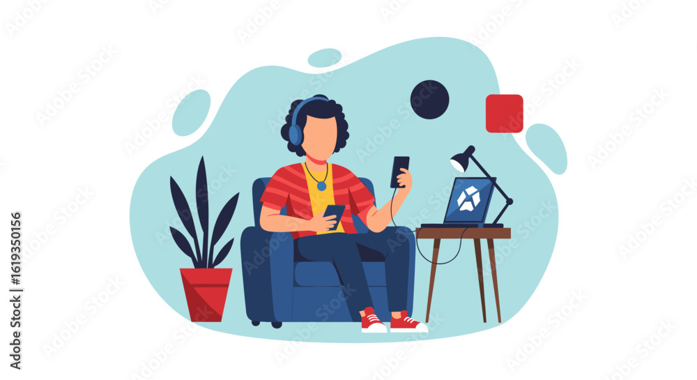 Fototapeta premium Person relaxing at home using laptop and phone, perfect for website banners or blog posts about work-life balance.